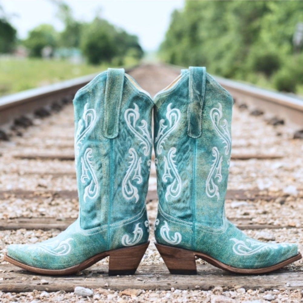 CORRAL R1973 Turquoise Cortez ivory embroidered cowgirl boots snip toe sz 7.5